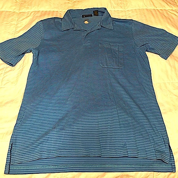 Patrick Gibbons Handmade Blue Stripe Short Sleeve Golf Polo Size Large - Picture 1 of 3